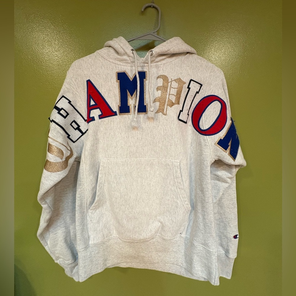 Champion Light Gray Hoodie with Multicolor Lettering